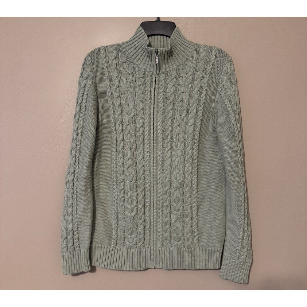 LL Bean Double Cable Knit Full Zip Cotton Cardigan Sweater Sage Green Womens Med